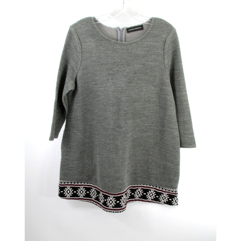 LORANZO ROMANZA Pullover Tunic Sweater Women Medium Gray Ribbed Tribal Southwest